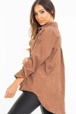 Rebellious Fashion Brown Corduroy Button Front Oversized Shirt - Kyrah