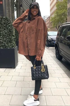 Rebellious Fashion Brown Corduroy Button Front Oversized Shirt - Kyrah