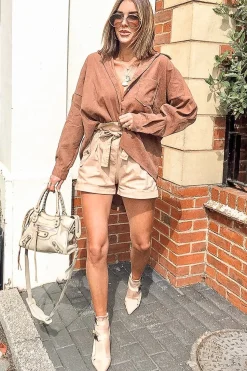 Rebellious Fashion Brown Corduroy Button Front Oversized Shirt - Kyrah