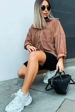 Rebellious Fashion Brown Corduroy Button Front Oversized Shirt - Kyrah