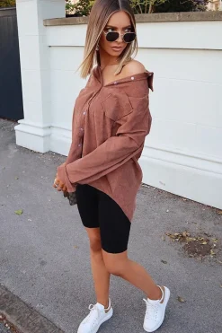 Rebellious Fashion Brown Corduroy Button Front Oversized Shirt - Kyrah