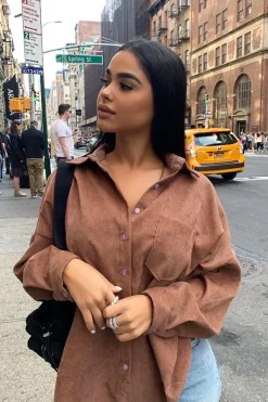 Rebellious Fashion Brown Corduroy Button Front Oversized Shirt - Kyrah