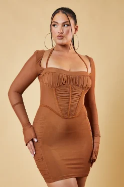 Rebellious Fashion Brown Corset Detail Bodycon Mini Dress - Ivy