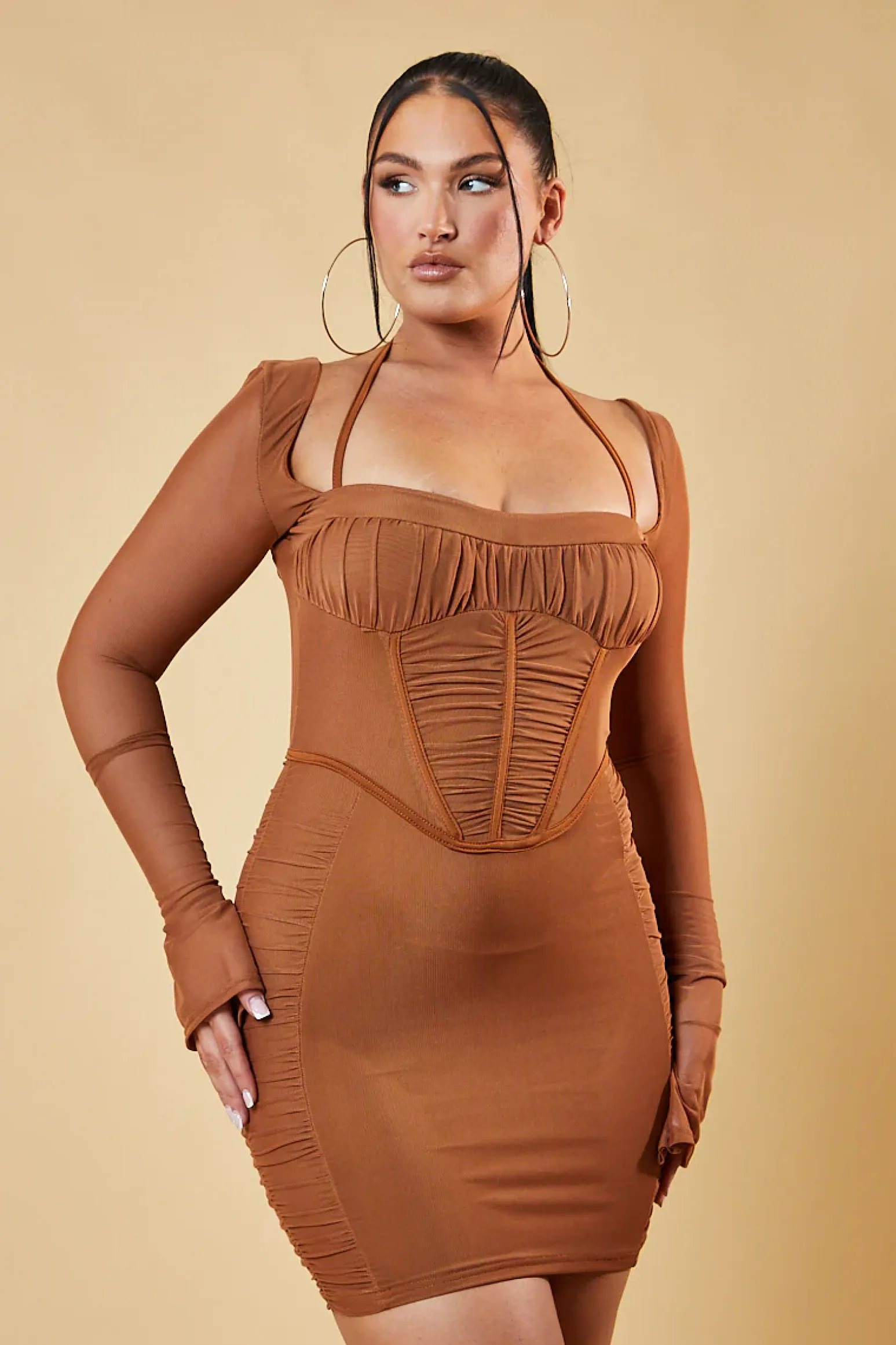 Rebellious Fashion Brown Corset Detail Bodycon Mini Dress - Ivy