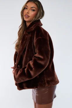 Rebellious Fashion Brown Cropped Faux Fur Coat - Janara