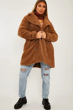 Rebellious Fashion Brown Double Breasted Button Front Teddy Coat - Maizee