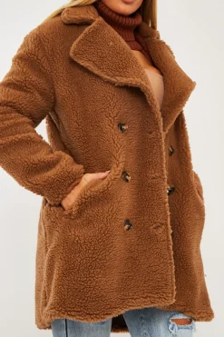 Rebellious Fashion Brown Double Breasted Button Front Teddy Coat - Maizee