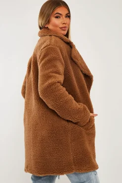Rebellious Fashion Brown Double Breasted Button Front Teddy Coat - Maizee