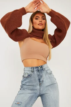 Rebellious Fashion Brown Extreme Cut Out High Neck Jumper - Nihara