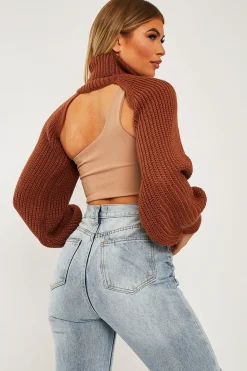 Rebellious Fashion Brown Extreme Cut Out High Neck Jumper - Nihara