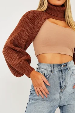 Rebellious Fashion Brown Extreme Cut Out High Neck Jumper - Nihara