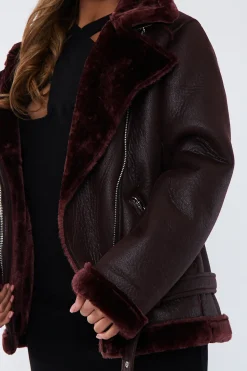 Rebellious Fashion Brown Faux Leather Aviator Jacket - Juniper