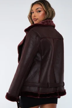 Rebellious Fashion Brown Faux Leather Aviator Jacket - Juniper