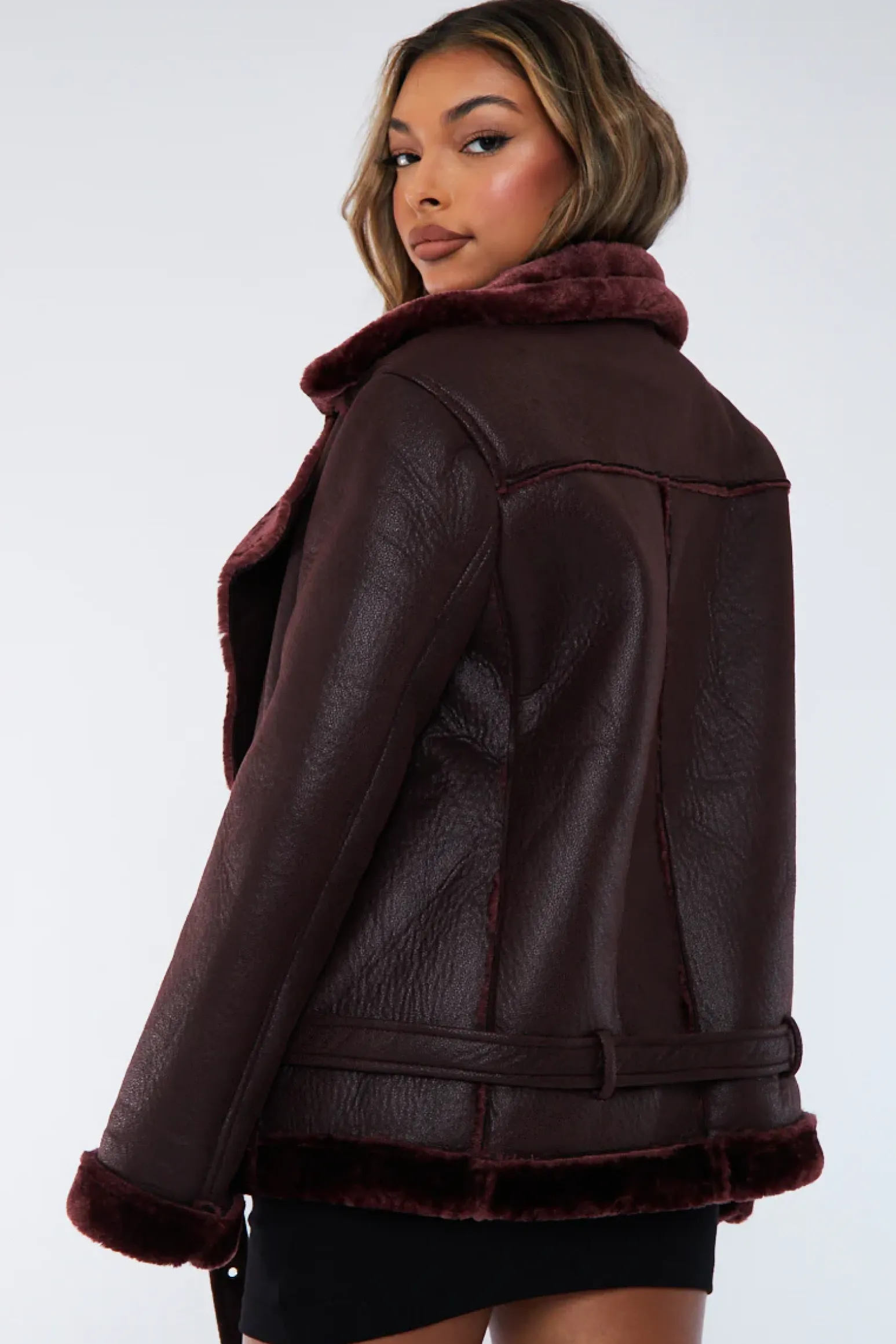 Rebellious Fashion Brown Faux Leather Aviator Jacket - Juniper