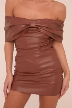 Rebellious Fashion Brown Faux Leather Bardot Bow Detail Mini Dress - Harmony