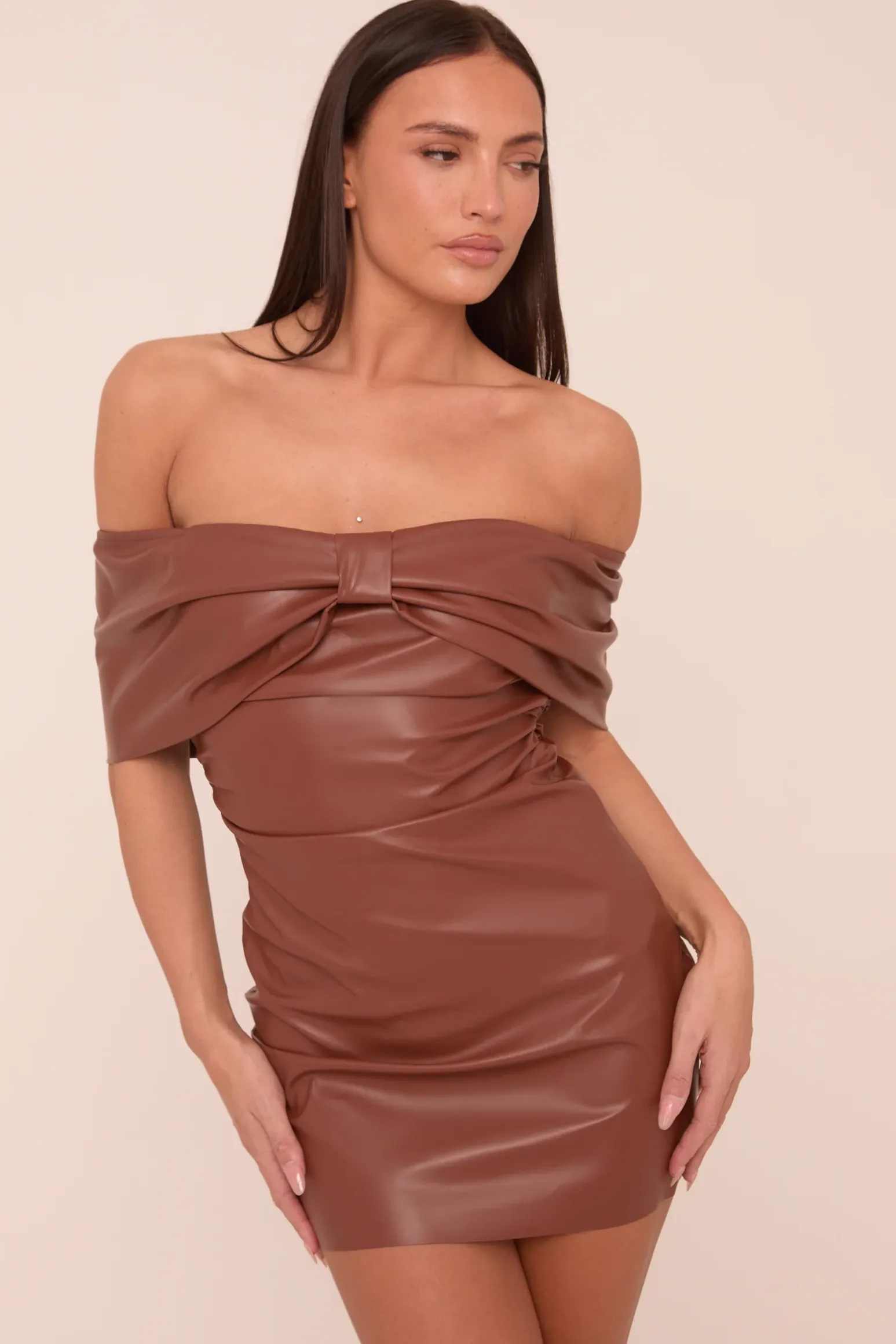Rebellious Fashion Brown Faux Leather Bardot Bow Detail Mini Dress - Harmony