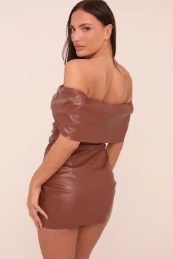 Rebellious Fashion Brown Faux Leather Bardot Bow Detail Mini Dress - Harmony