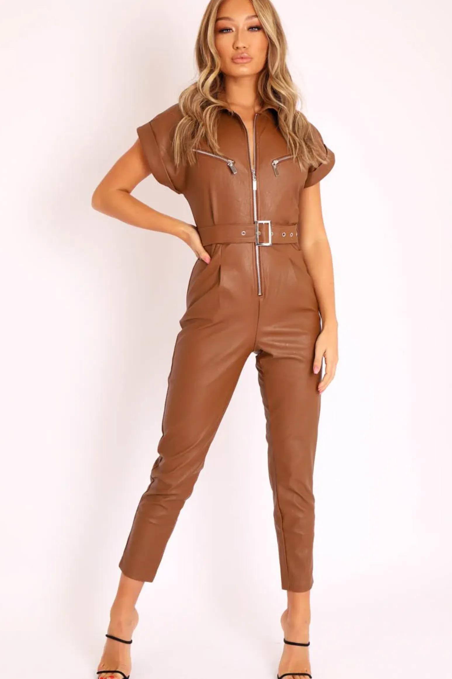 Rebellious Fashion Brown Faux Leather Belted Short Sleeve Jumpsuit - Ryenne
