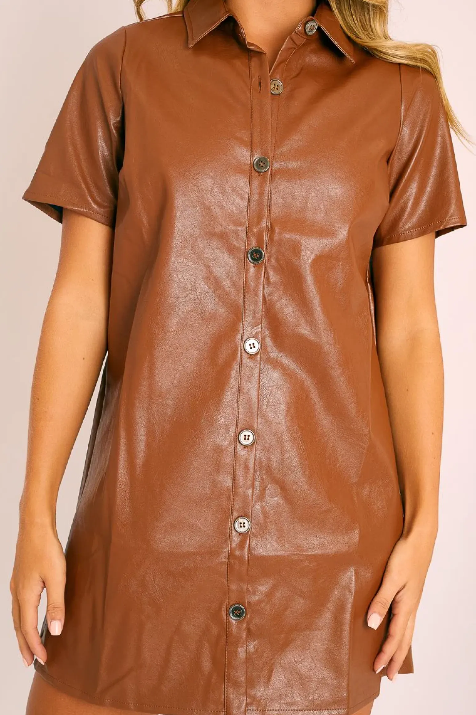 Rebellious Fashion Brown Faux Leather Button Up Shirt Dress - Alba