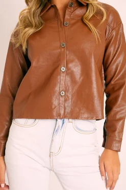 Rebellious Fashion Brown Faux Leather Button Up Shirt - Bellarae