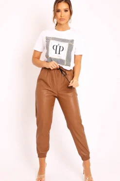 Rebellious Fashion Brown Faux Leather Drawstring Waist Joggers - Persia