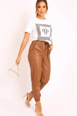 Rebellious Fashion Brown Faux Leather Drawstring Waist Joggers - Persia