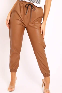 Rebellious Fashion Brown Faux Leather Drawstring Waist Joggers - Persia