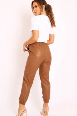 Rebellious Fashion Brown Faux Leather Drawstring Waist Joggers - Persia