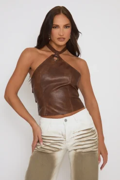 Rebellious Fashion Brown Faux Leather Halter Top - Margie