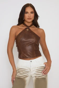 Rebellious Fashion Brown Faux Leather Halter Top - Margie
