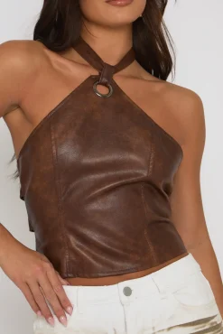 Rebellious Fashion Brown Faux Leather Halter Top - Margie