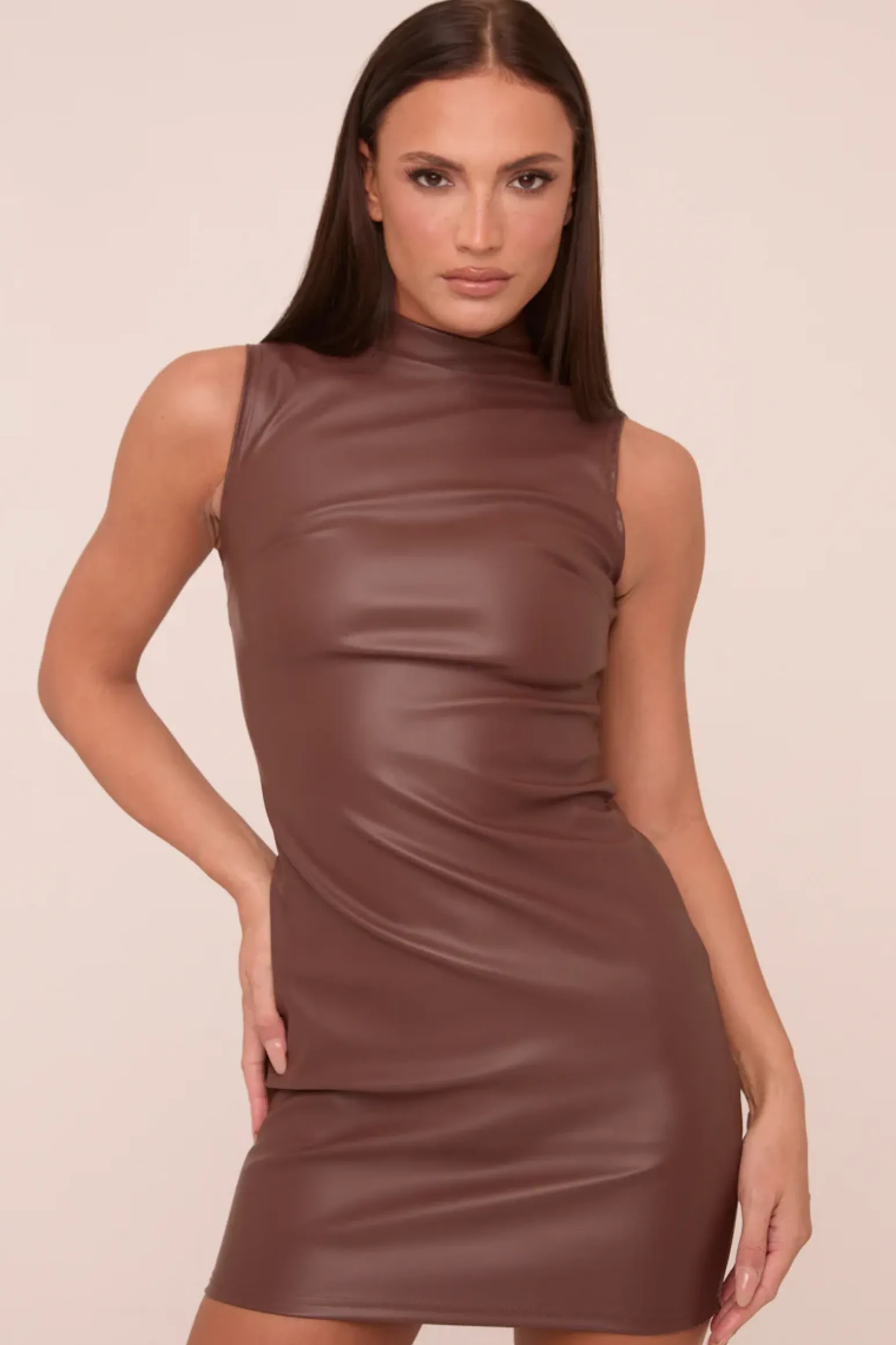Rebellious Fashion Brown Faux Leather High Neck Sleeveless Mini Dress - Hazel