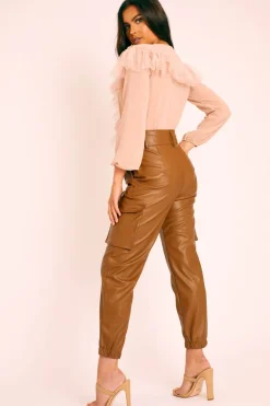 Rebellious Fashion Brown Faux Leather Utility Cuff Bottom Trousers - Dayna