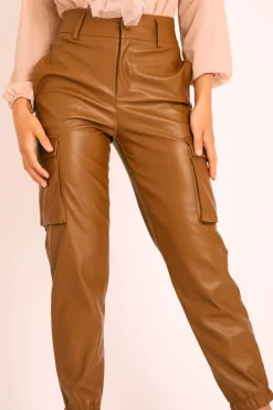 Rebellious Fashion Brown Faux Leather Utility Cuff Bottom Trousers - Dayna