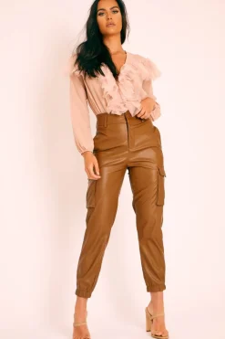 Rebellious Fashion Brown Faux Leather Utility Cuff Bottom Trousers - Dayna