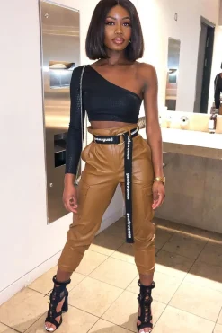 Rebellious Fashion Brown Faux Leather Utility Cuff Bottom Trousers - Dayna
