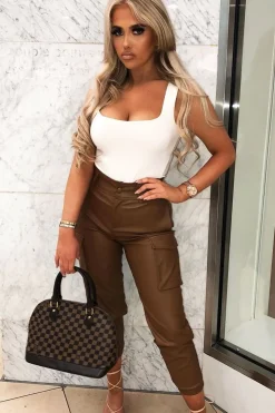 Rebellious Fashion Brown Faux Leather Utility Cuff Bottom Trousers - Dayna