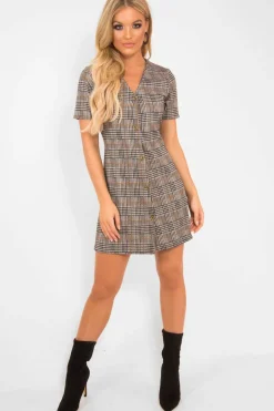 Rebellious Fashion Brown Houndstooth Button Front Mini Dress - Heylee