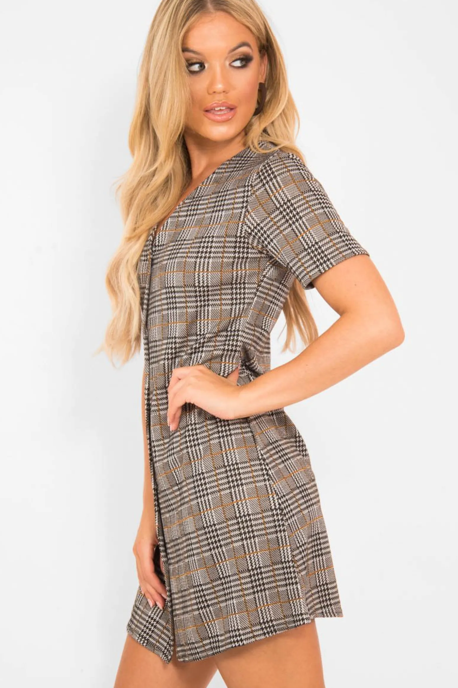 Rebellious Fashion Brown Houndstooth Button Front Mini Dress - Heylee