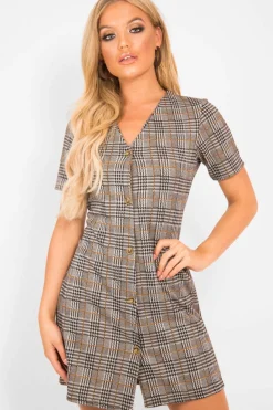 Rebellious Fashion Brown Houndstooth Button Front Mini Dress - Heylee