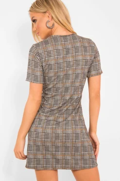 Rebellious Fashion Brown Houndstooth Button Front Mini Dress - Heylee