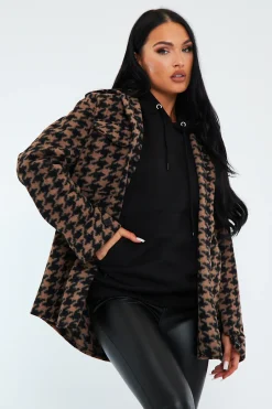Rebellious Fashion Brown Houndstooth Pocket Front Shacket - Aleri
