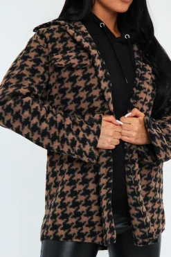 Rebellious Fashion Brown Houndstooth Pocket Front Shacket - Aleri