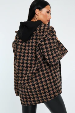 Rebellious Fashion Brown Houndstooth Pocket Front Shacket - Aleri
