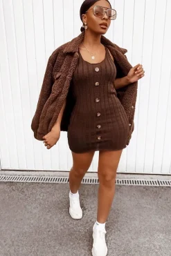 Rebellious Fashion Brown Knit Button Front Cami Dress - Devora