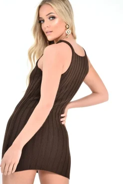 Rebellious Fashion Brown Knit Button Front Cami Dress - Devora