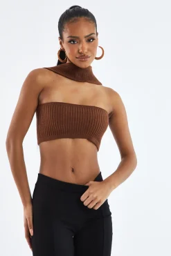 Rebellious Fashion Brown Knit Choker Neck Cropped Top - Lia