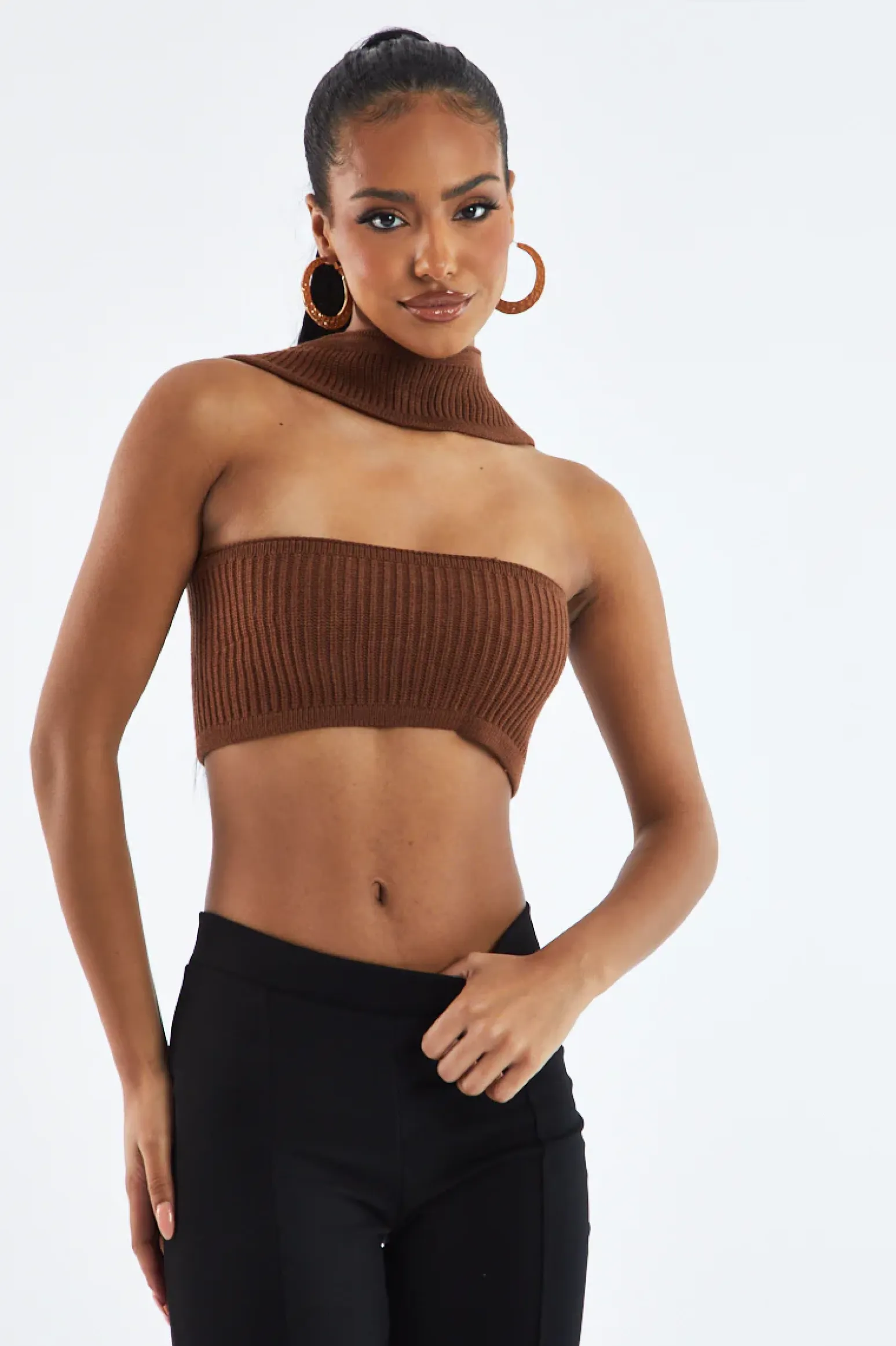 Rebellious Fashion Brown Knit Choker Neck Cropped Top - Lia