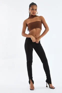 Rebellious Fashion Brown Knit Choker Neck Cropped Top - Lia
