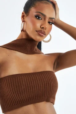 Rebellious Fashion Brown Knit Choker Neck Cropped Top - Lia